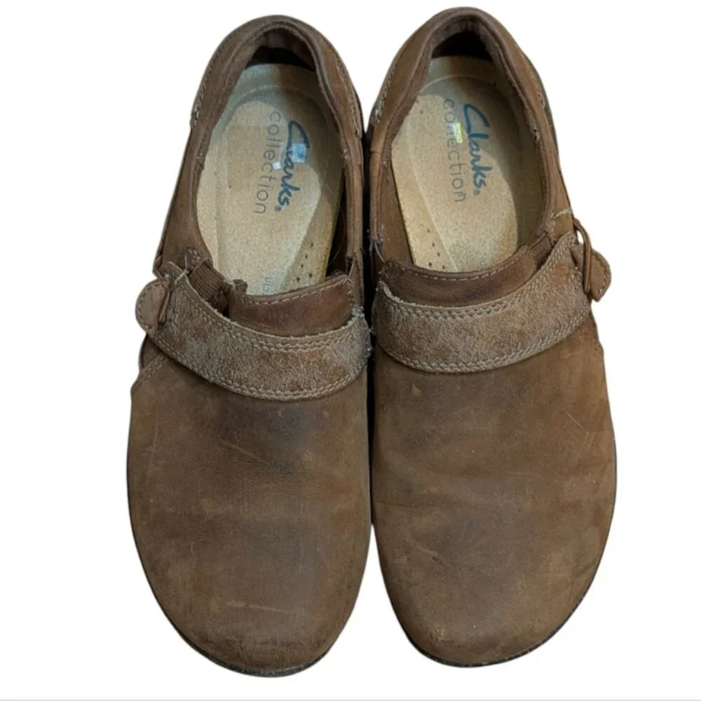 Clarks Roseville Dot Brown Leather Comfort Loafers size 6M tan distressed clog